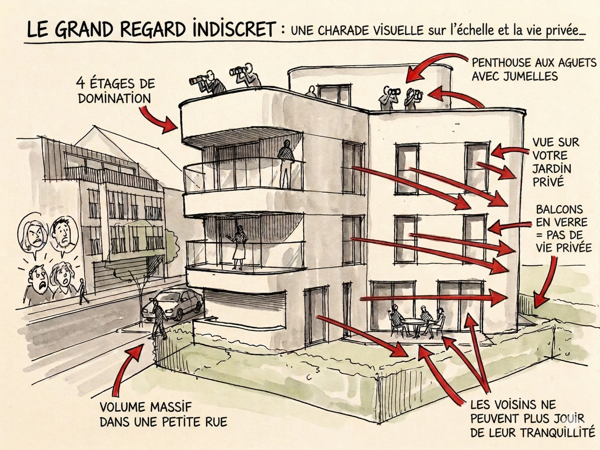 Le Grand Regard Indiscret — charade visuelle sur l'échelle et la vie privée: 4 étages de domination, penthouse aux aguets, balcons en verre, vue sur jardins privés